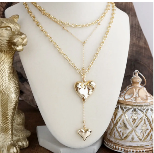Flutter & Glow – Puffy Heart Lariat Layered Necklace in Gold