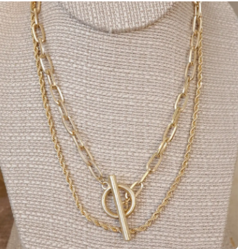 Front Toggle Closure Necklace Multi Layer Chain in Gold Tone