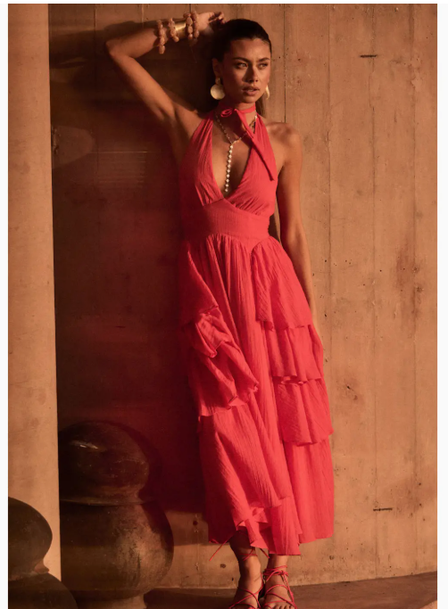 Tiered Ruffle Open-Back Halter Maxi  FDB0223