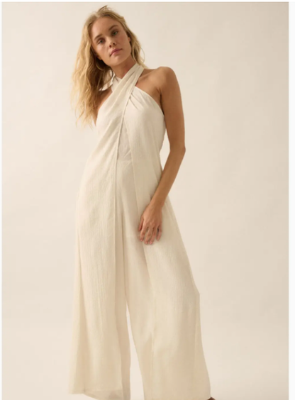 Tonal-Stripe Wide-Leg Convertible Halter Jumpsuit