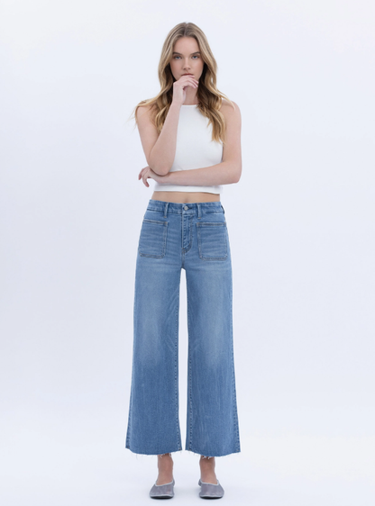 High Rise Comfort Waistband Crop Wide Jeans T6947