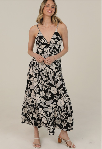 V Neck Open Tie Back Printed Maxi Dress  F4F72-A920