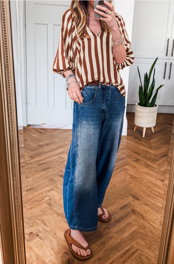 Brown Stripe V Neck Blouse  LC25138005-P1719-S