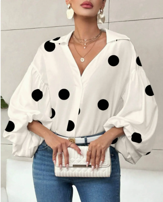 French Polka Dot Half-Open Collar Puff Sleeve Top AXR603-18-S