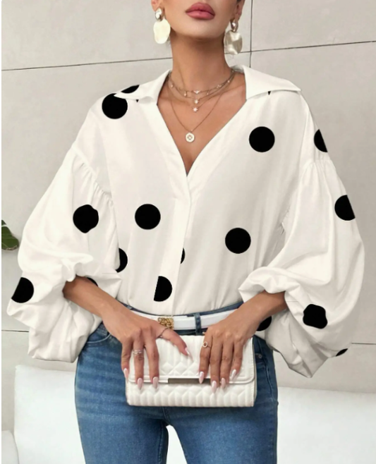Polka Dot Collar Puff Sleeve Top AXR603-18-S