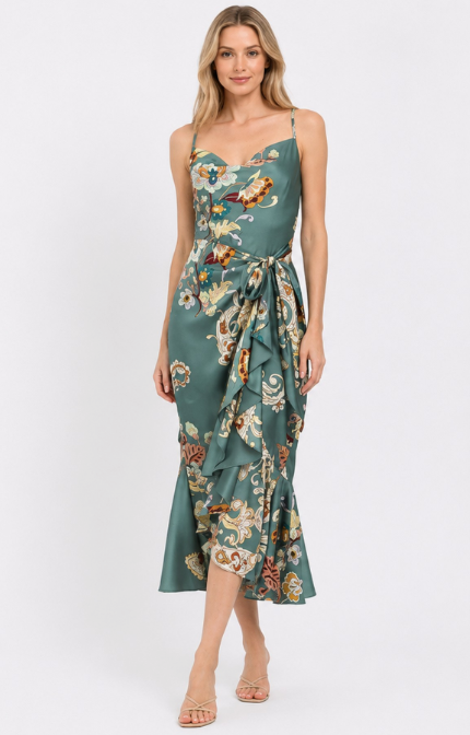 Cowl Neck Tie Front Waisted Midi Dress  DA32692X