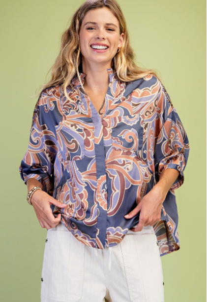 Printed Button Down Blouse  TE2231