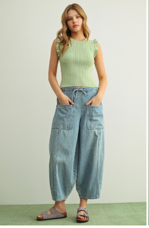 Soft Denim Barrel Pants With Self Belt  P5858