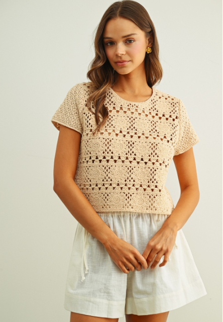 Floral Crochet Knite Cap Sleeve Top  T6912