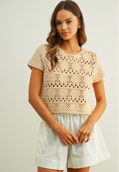 Floral Crochet Knite Cap Sleeve Top  T6912