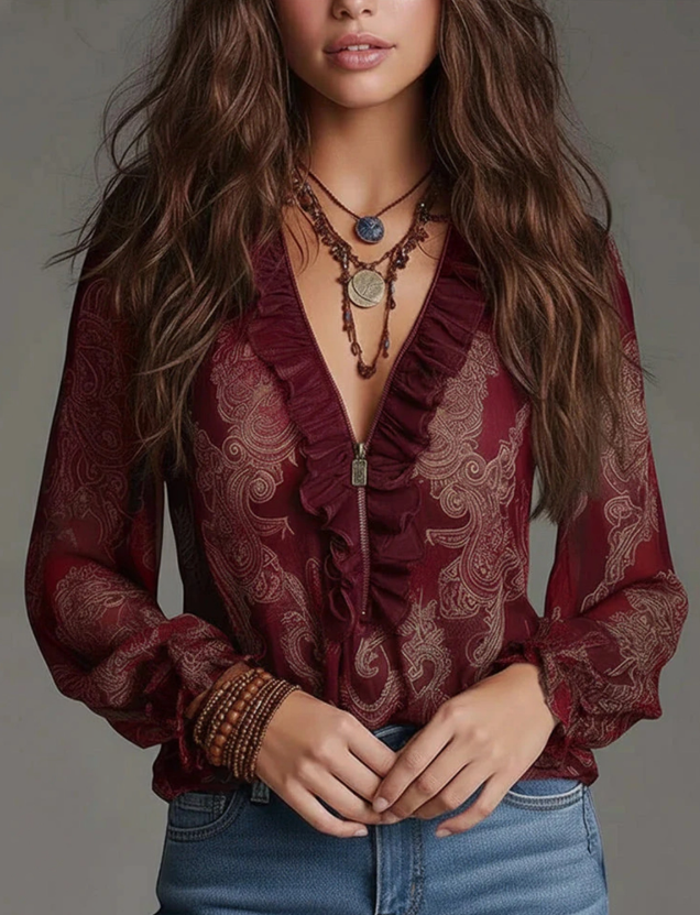 Deep V Neck Paisley Ruffled Chiffon Blouse FRLY202673