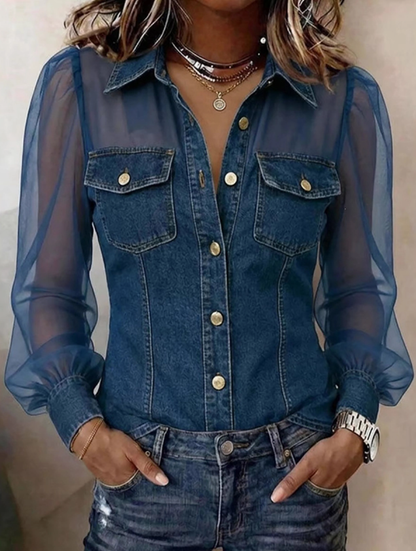 Denim Look Mesh Long Sleeve Blouse FRANL45