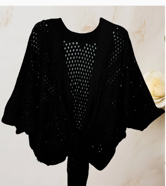 JC063344 Eyelet Open-Knit Metallic Cardigan with Front Tie