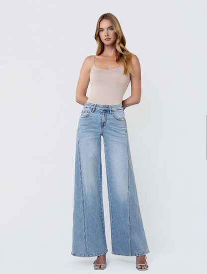 Mid Rise Light Wash Twisted Seam Palazzo Jeans F9093