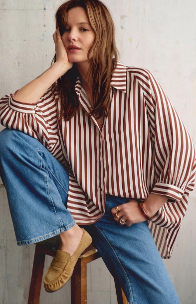 Stripe Wide Puff Sleeve Buttondown Shirt  T9263
