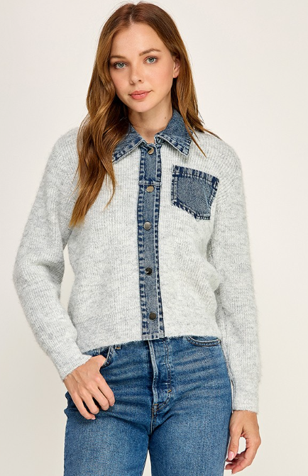 Button Front Cardigan With Denim Trim  CD2511-141