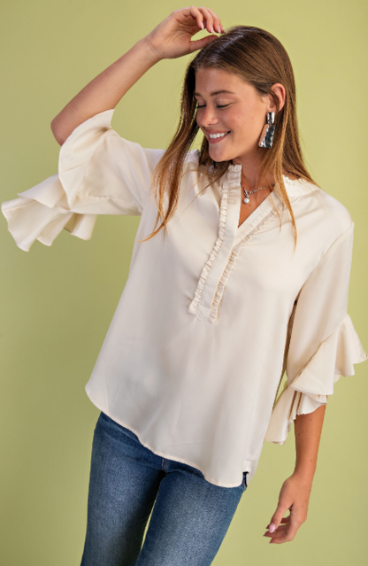 Satin Ruffled Bell Sleeve Top  TE1429