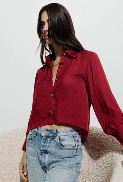 Blanket-stitch Cuff Button Up Cropped Blouse WB7077-C