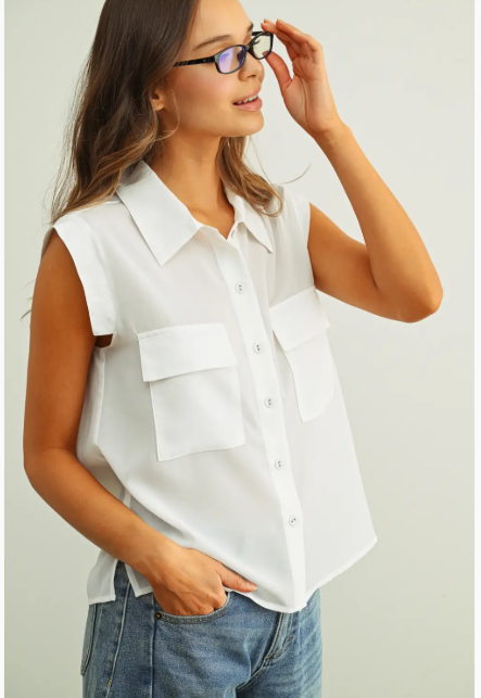 Front Pocket Button Front Sleeveless Chiffon Blouse  T7004