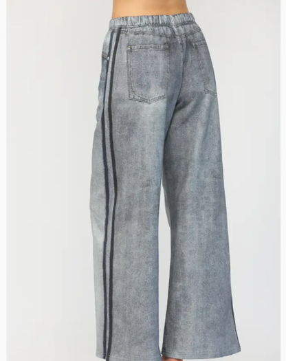 French Terry Pants Denim-Like Print Side Stripe FP65099