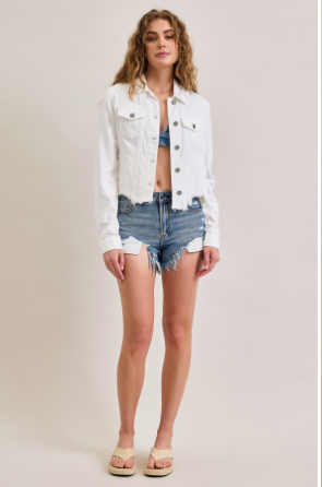 White Cropped Fitted Frayed Jacket HD869J