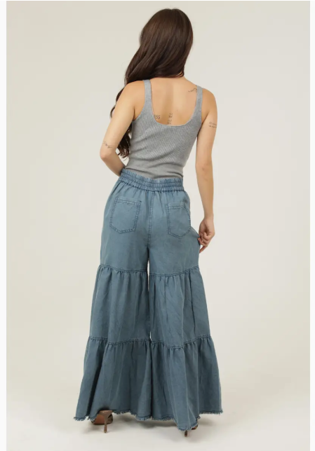 H3415-DCS08 Denim Tiered Wide Leg Elastic Waist Pants