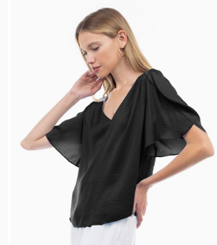 Flutter Sleeve V-neck Satin Blouse  EB119194-1