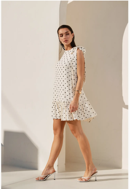 AD3039 Polka Dot Bow Shoulder Ruffle Mini Dress.