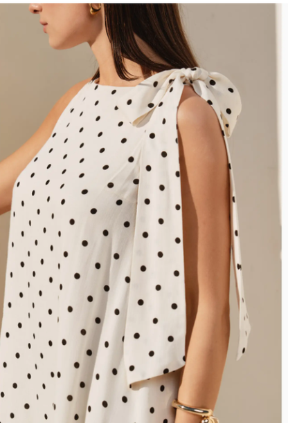 AD3039 Polka Dot Bow Shoulder Ruffle Mini Dress.