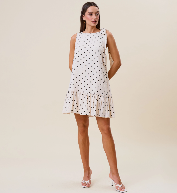 AD3039 Polka Dot Bow Shoulder Ruffle Mini Dress.