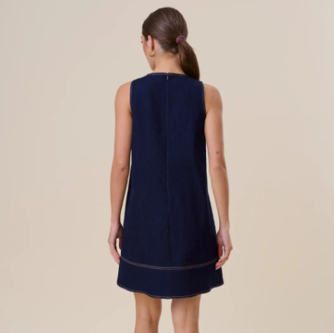 AD3185 Embroidered Stretch Denim Mini Shift Dress