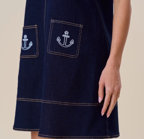 AD3185 Embroidered Stretch Denim Mini Shift Dress