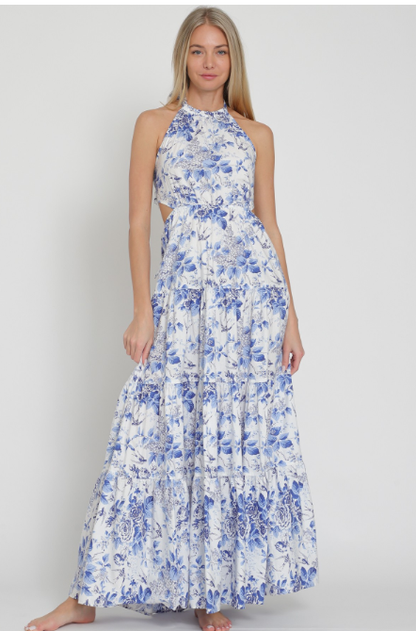 Halter Tie Back Chest Tiered Maxi Dress  DA30564H