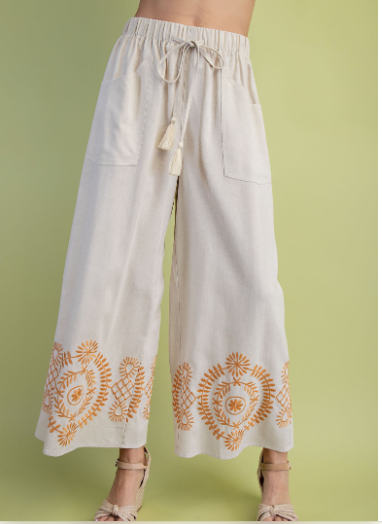 Embroidered Linen Relaxed Fit Pants  TE1267.