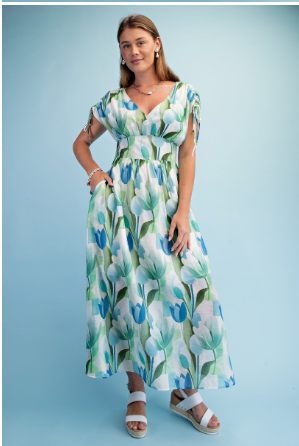 Tulip Print V-neck Maxi Dress  TE2051