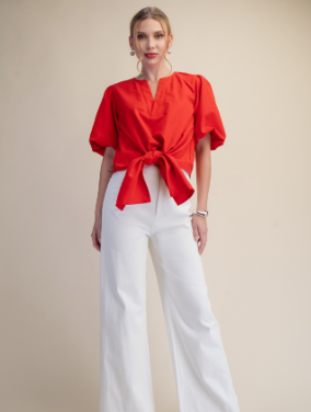 Tie-front Blouse Puff Sleeve  T9096