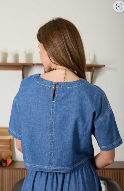 Round Neck Short Sleeve Cropped Denim Top  B6SX1053-T