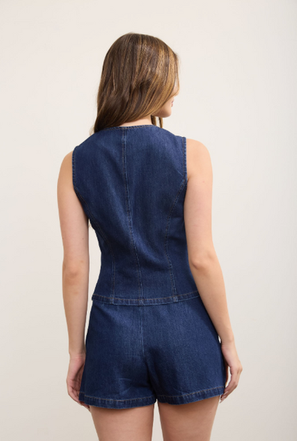 Gold Button Round Neck Denim Vest Top  TWS1283-T