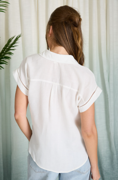 Collared V Neck Short Sleeve Line Lace Detail Top  CR2914