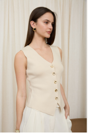 Seamless V Neck Gold Button Knit Cardigan Vest  TW219