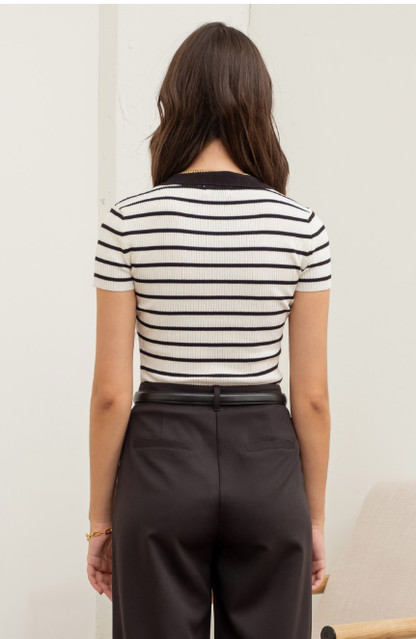Stripe Collared Short Sleeve Sweater Knit Top  TW1198