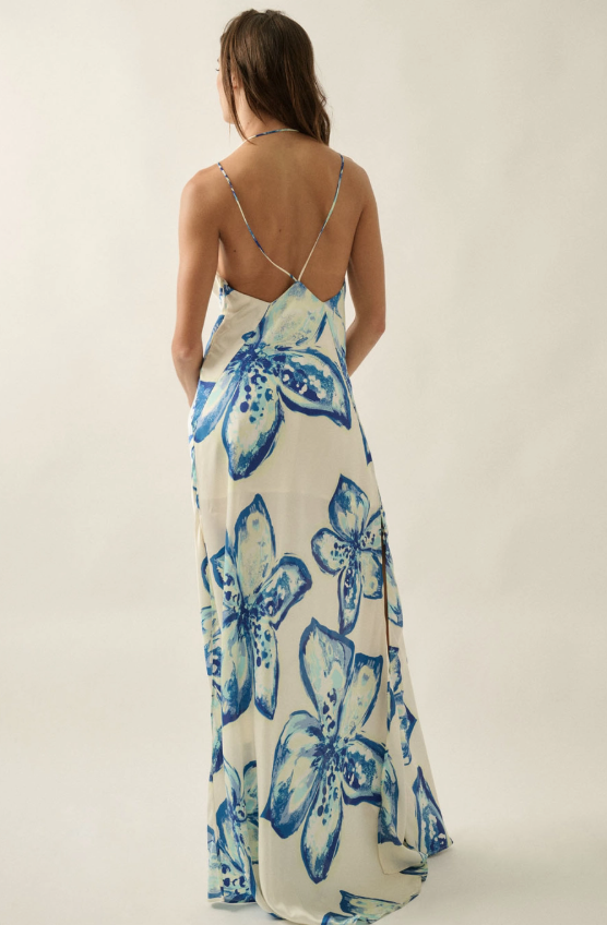 Floral Satin Halter Maxi Dress FDC0510C