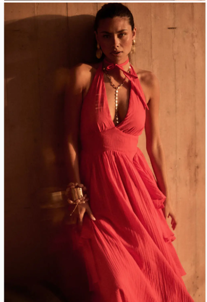 Tiered Ruffle Open-Back Halter Maxi  FDB0223