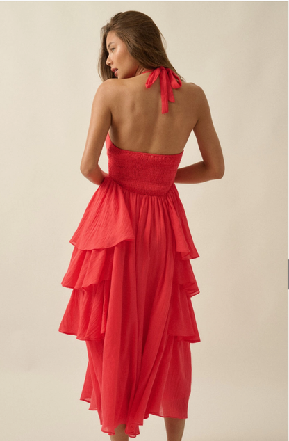 Tiered Ruffle Open-Back Halter Maxi  FDB0223