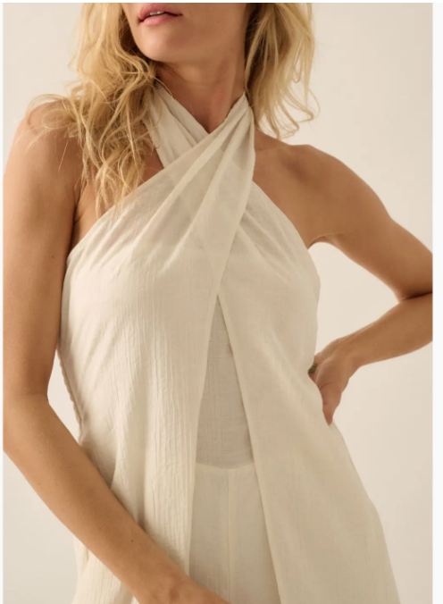 Tonal-Stripe Wide-Leg Convertible Halter Jumpsuit