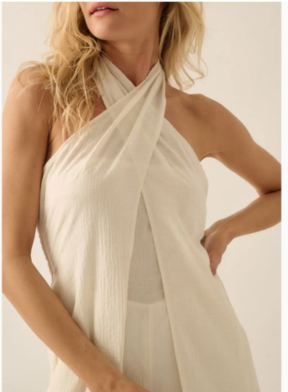 Tonal-Stripe Wide-Leg Convertible Halter Jumpsuit