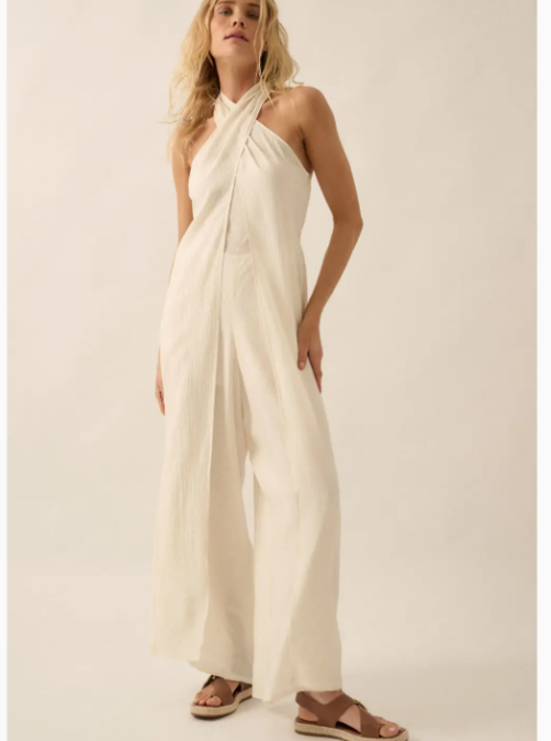 Tonal-Stripe Wide-Leg Convertible Halter Jumpsuit