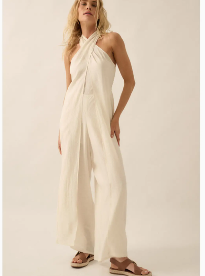 Tonal-Stripe Wide-Leg Convertible Halter Jumpsuit
