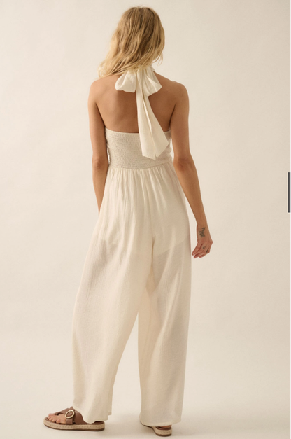 Tonal-Stripe Wide-Leg Convertible Halter Jumpsuit