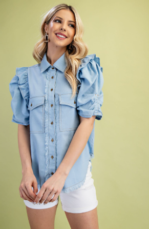 Ruffled Gathered Sleeve Linen Button Up Shirt Top  TE1064